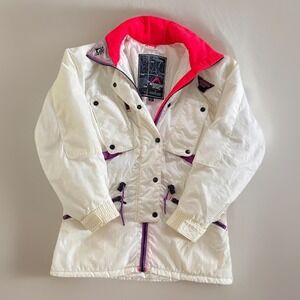 Retro 80s Mountain Goat Puffer Ski Jacket White Pink Purple Vintage Rare Winter